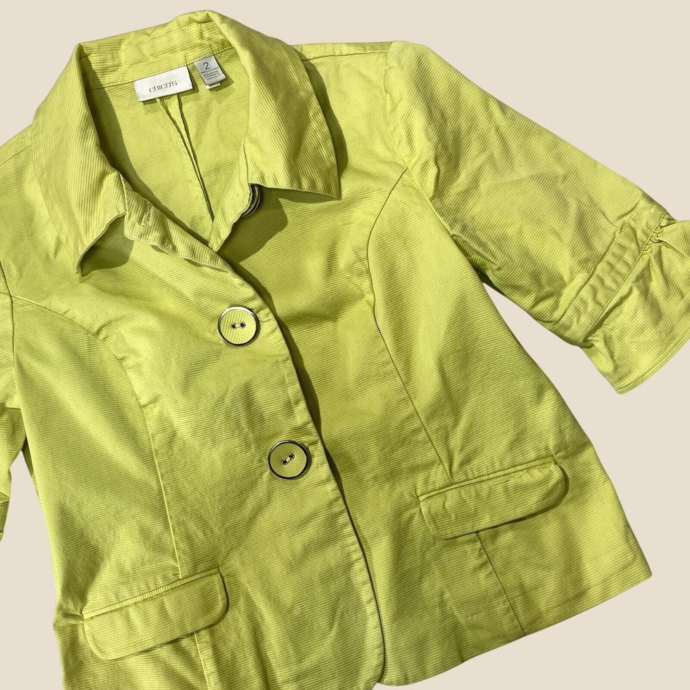 Chico's Blazer Womens 2 Lime Green Ribbed Button Front Ruffle Sleeve Structured